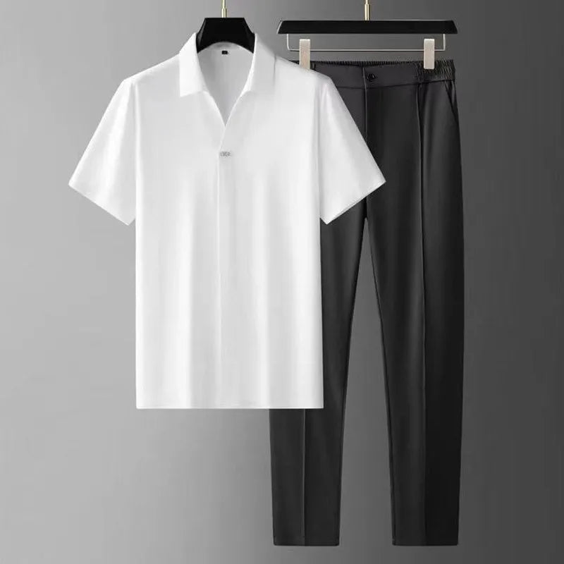 Charcoal men's matching polo & tailored pants set. Perfect versatile two-piece outfit for casual outings or dinner.