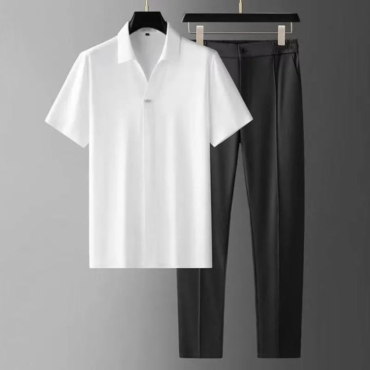 Charcoal men's matching polo & tailored pants set. Perfect versatile two-piece outfit for casual outings or dinner.