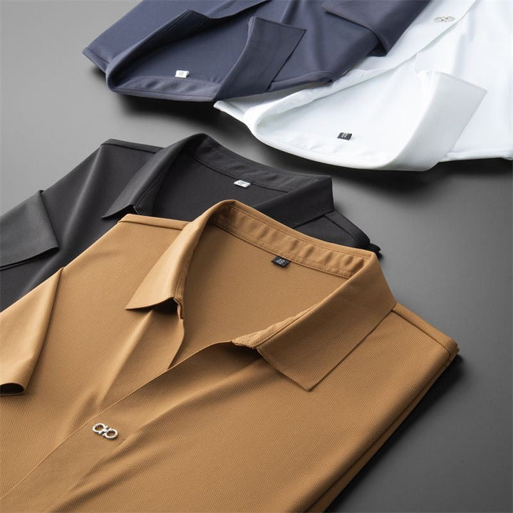 White men's stylish comfort polo and tailored pants set. A versatile two-piece outfit for elegant casual wear.
