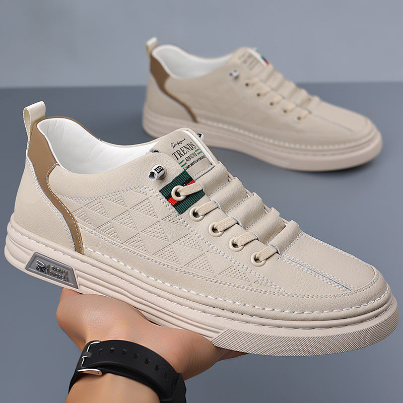 Close-up of breathable material on mens stylish comfort sneakers, designed for daily wear.