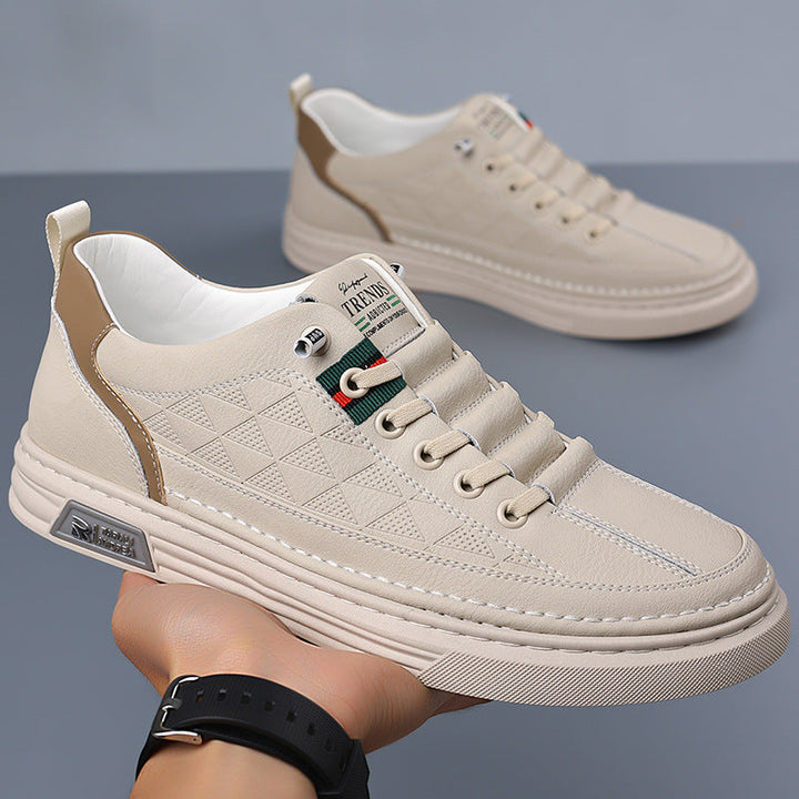 Close-up of breathable material on mens stylish comfort sneakers, designed for daily wear.