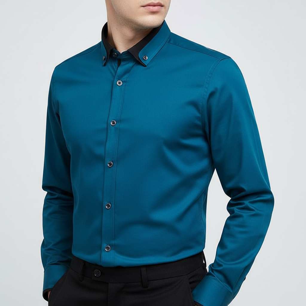 Sophisticated men's formal long-sleeve shirt with a button-down collar, elastic fit