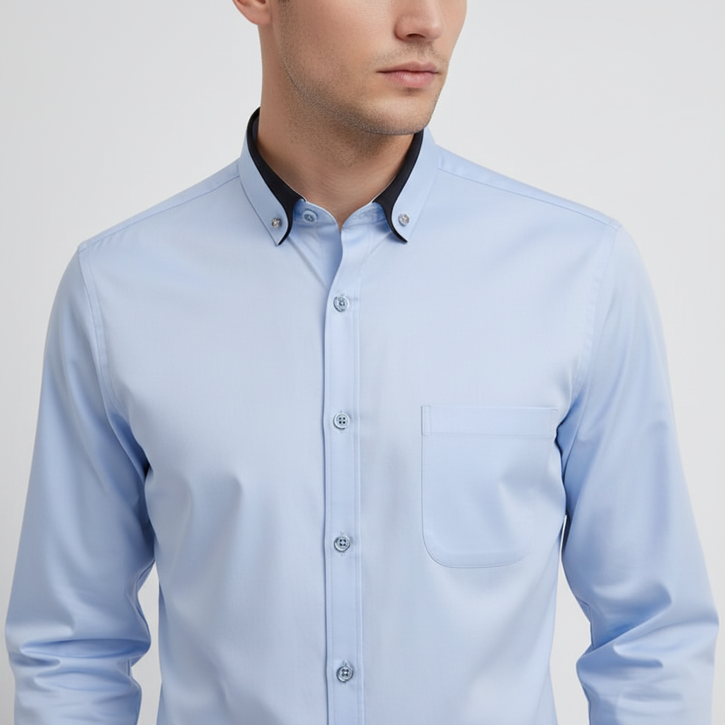 Elegant men's long-sleeve collared shirt, button-down style, offering a formal look