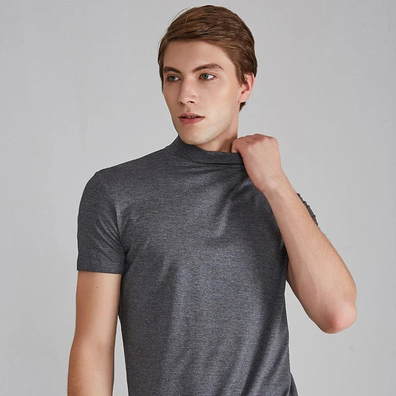 Stylish men's fall/winter turtleneck shirt, a comfortable long sleeve cotton top for cool weather fashion.