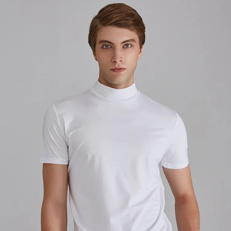 Modern men's stylish turtleneck shirt, comfortable cotton long sleeve top for a fashionable casual look.