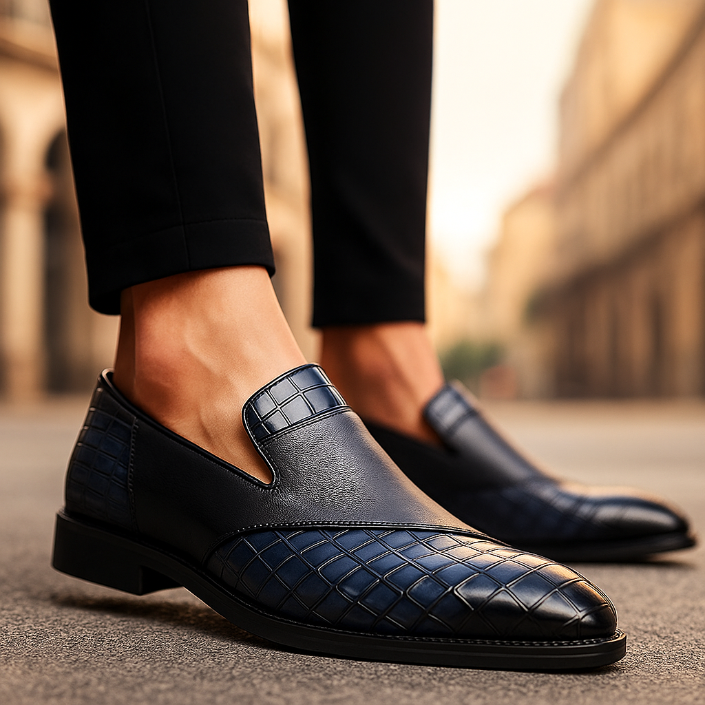 Stylish men's dress shoes: Croc-textured loafers, ideal for business casual, formal occasions, and fashion.