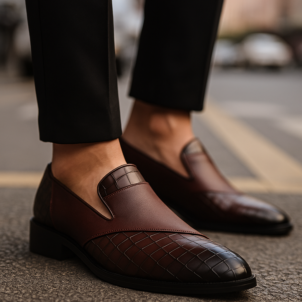 Sophisticated men's slip-on loafers: Black croc-pattern dress shoes, elegant for formal events & stylish fashion.