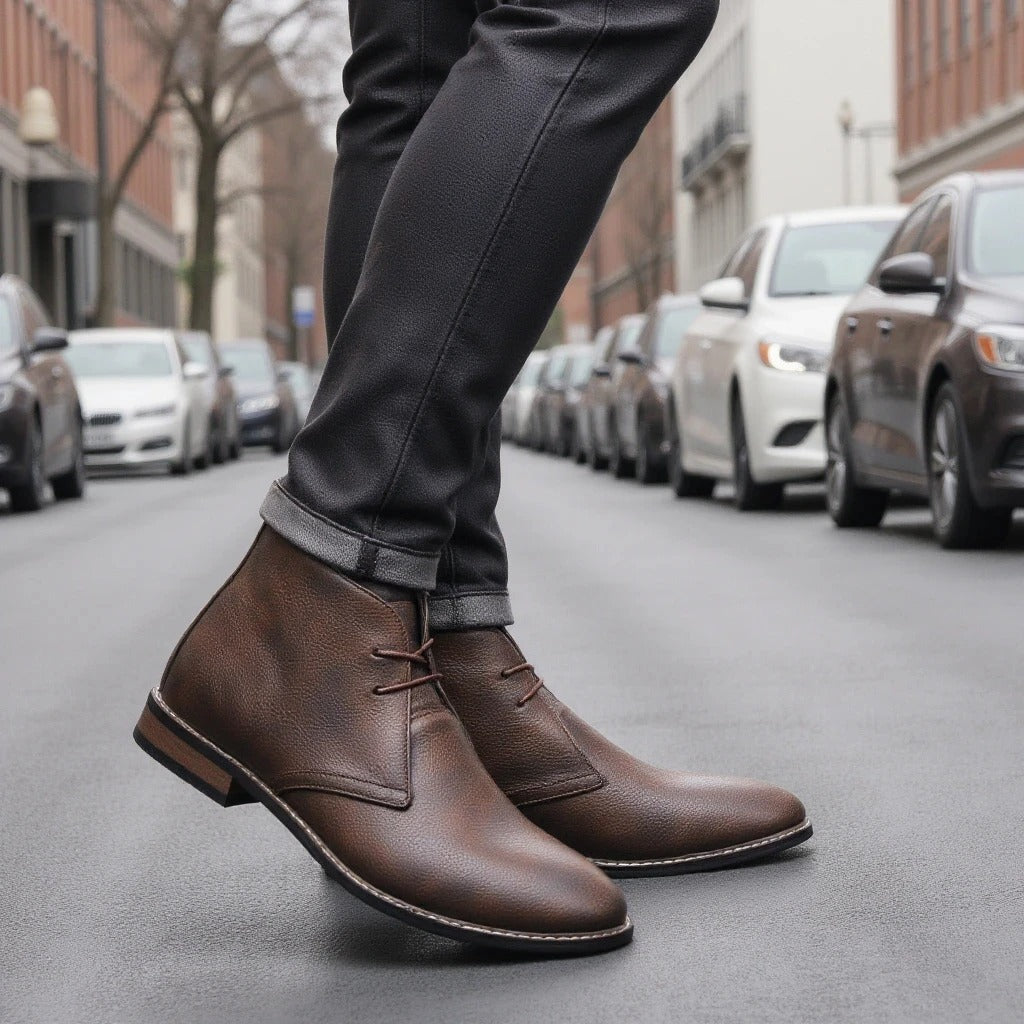 Men's stylish dark brown leather boots, versatile for everyday wear, comfort, and fashion.
