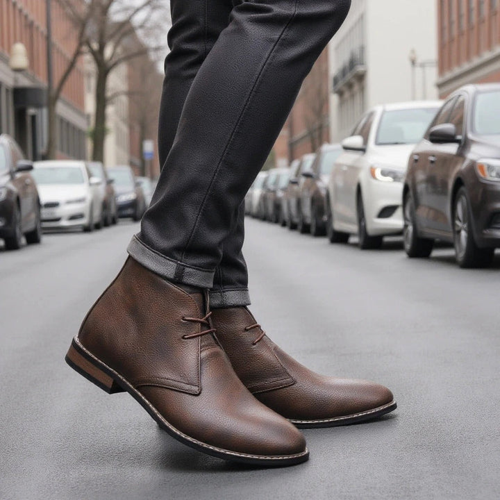Men's stylish dark brown leather boots, versatile for everyday wear, comfort, and fashion.