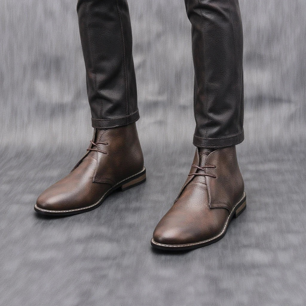 High-quality dark brown leather men's boots, offering stylish design and everyday comfort.
