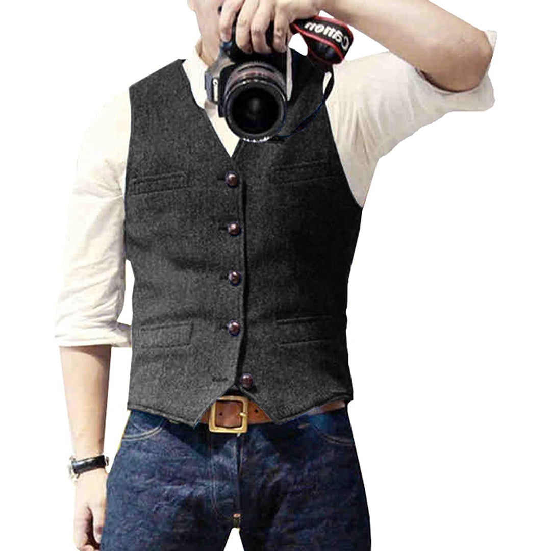 Classic men's denim gilet with button front, a versatile jean vest for any casual outfit and layered look.