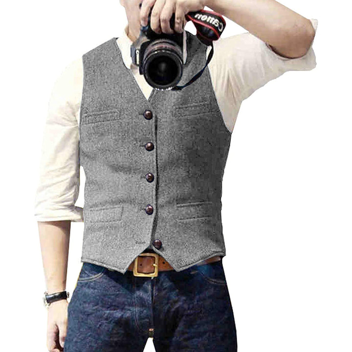 Men's fashion denim vest, ideal for a smart casual layered look. Button-front jean gilet for everyday style.