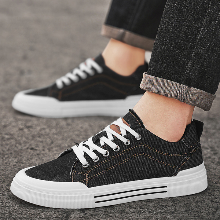 Product shot: Men's stylish denim sneakers, casual comfort and street style footwear.
