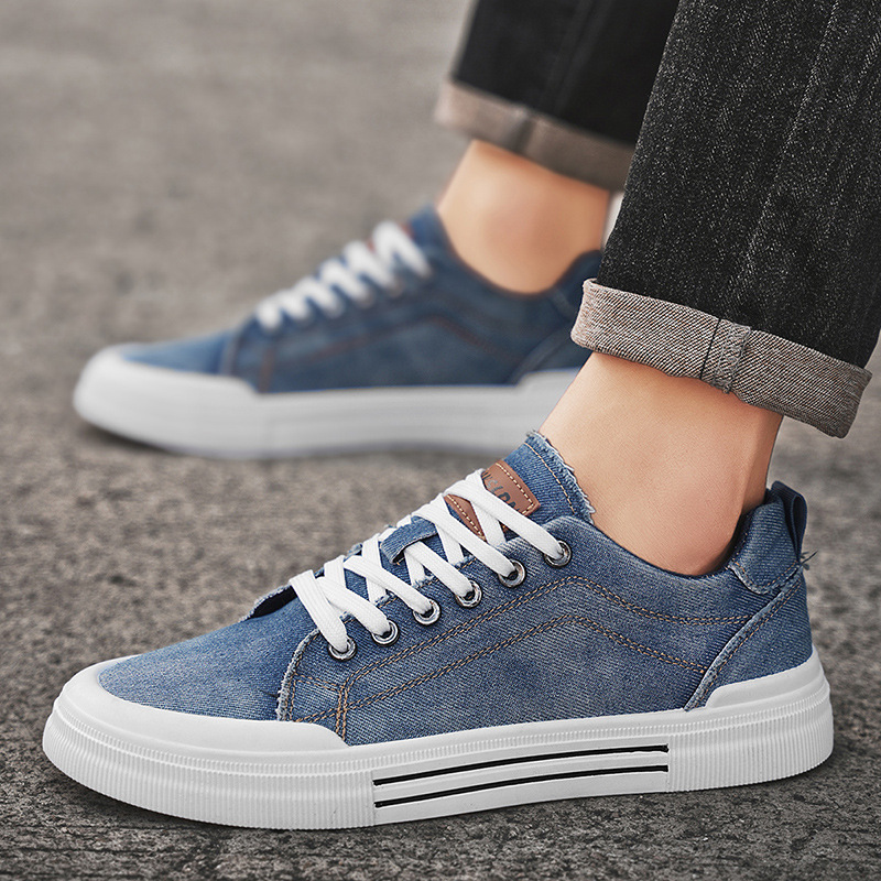 Side view of stylish men's denim sneakers, ideal for street style & casual comfort.