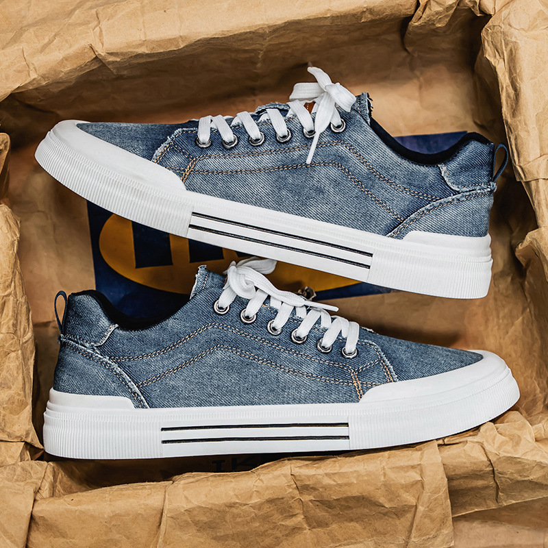Top view of comfortable men's denim sneakers, great for casual everyday fashion.