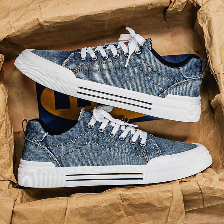 Top view of comfortable men's denim sneakers, great for casual everyday fashion.