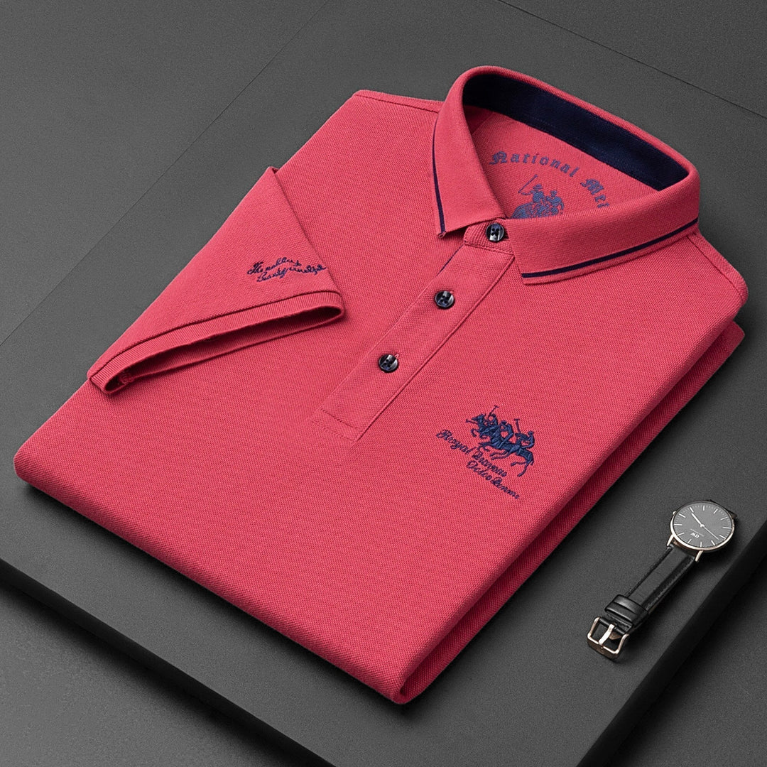 Henry men's embroidered cotton polo shirt, a classic and comfortable top for timeless smart casual wear.