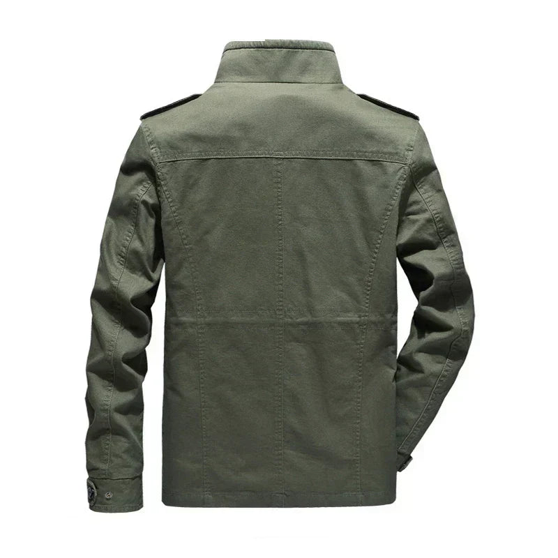 Men's stylish fall cargo jacket in olive, durable twill with multiple utility pockets for everyday wear.