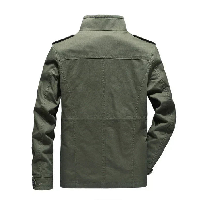 Men's stylish fall cargo jacket in olive, durable twill with multiple utility pockets for everyday wear.