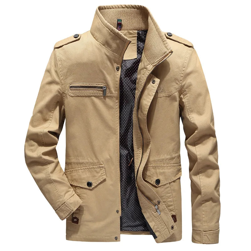 Durable men's olive cargo jacket, perfect for fall. Features large utility pockets & a comfortable, casual fit.