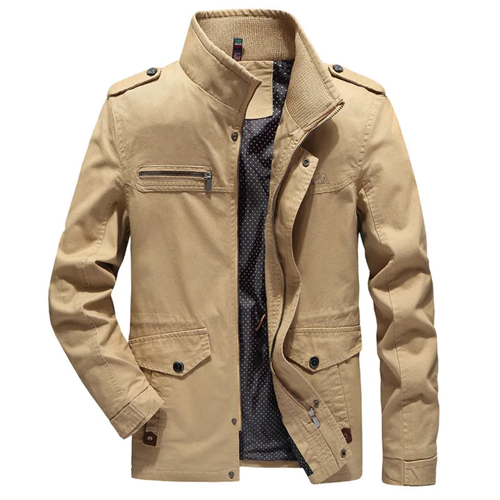 Durable men's olive cargo jacket, perfect for fall. Features large utility pockets & a comfortable, casual fit.