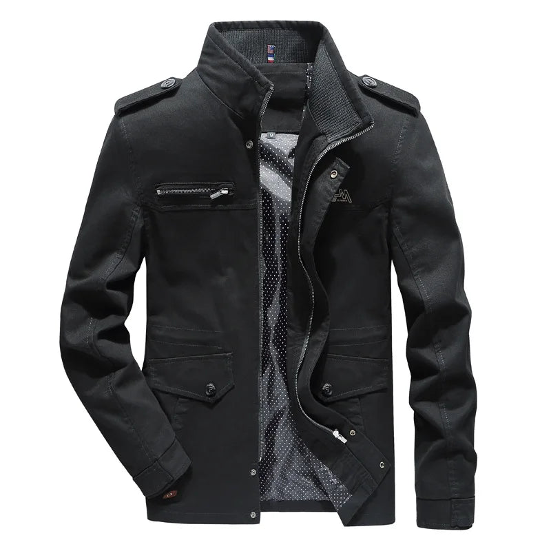 Robust men's fall cargo jacket in olive green, a durable outerwear choice with a classic utility design.