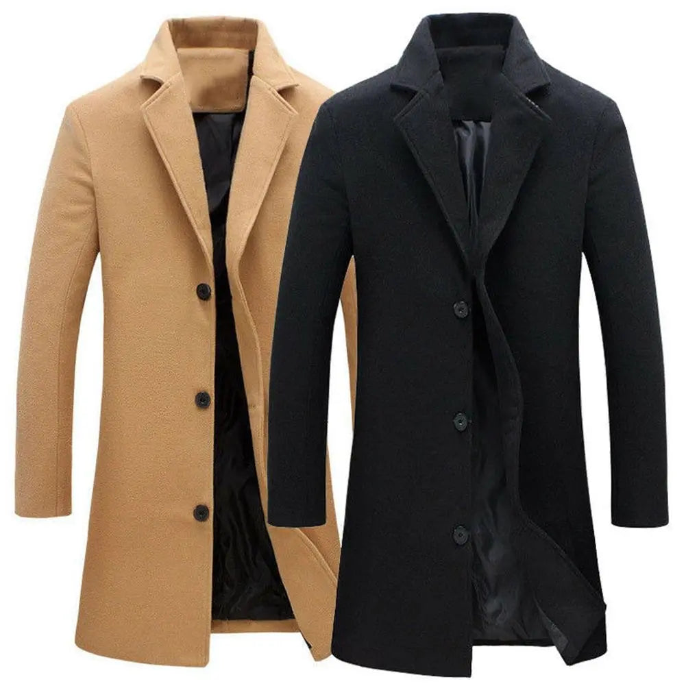 Stylish men's fall & winter long coat. Warm, elegant jacket for versatile smart casual cold weather fashion.