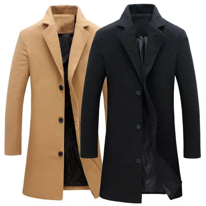 Stylish men's fall & winter long coat. Warm, elegant jacket for versatile smart casual cold weather fashion.