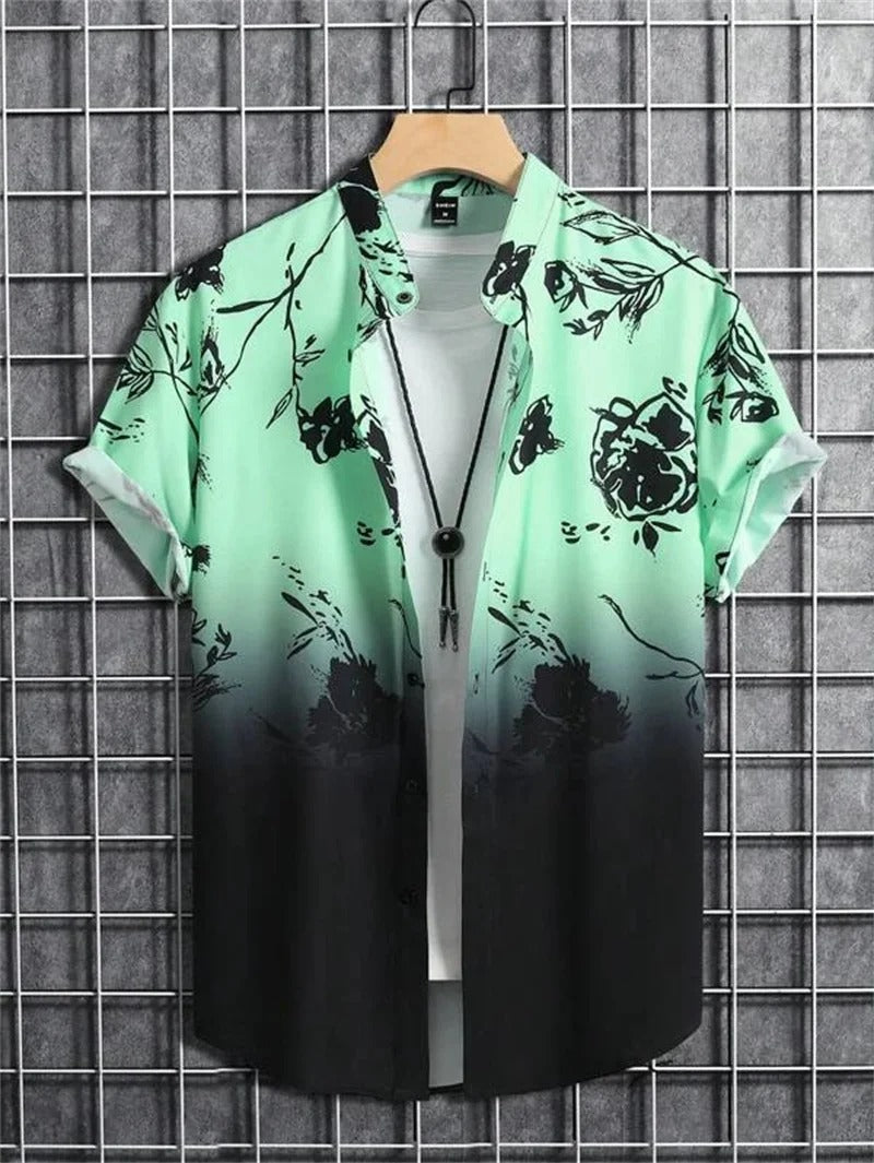 Back view of a relaxed fit men's floral patterned short-sleeve shirt, perfect for summer casual wear.