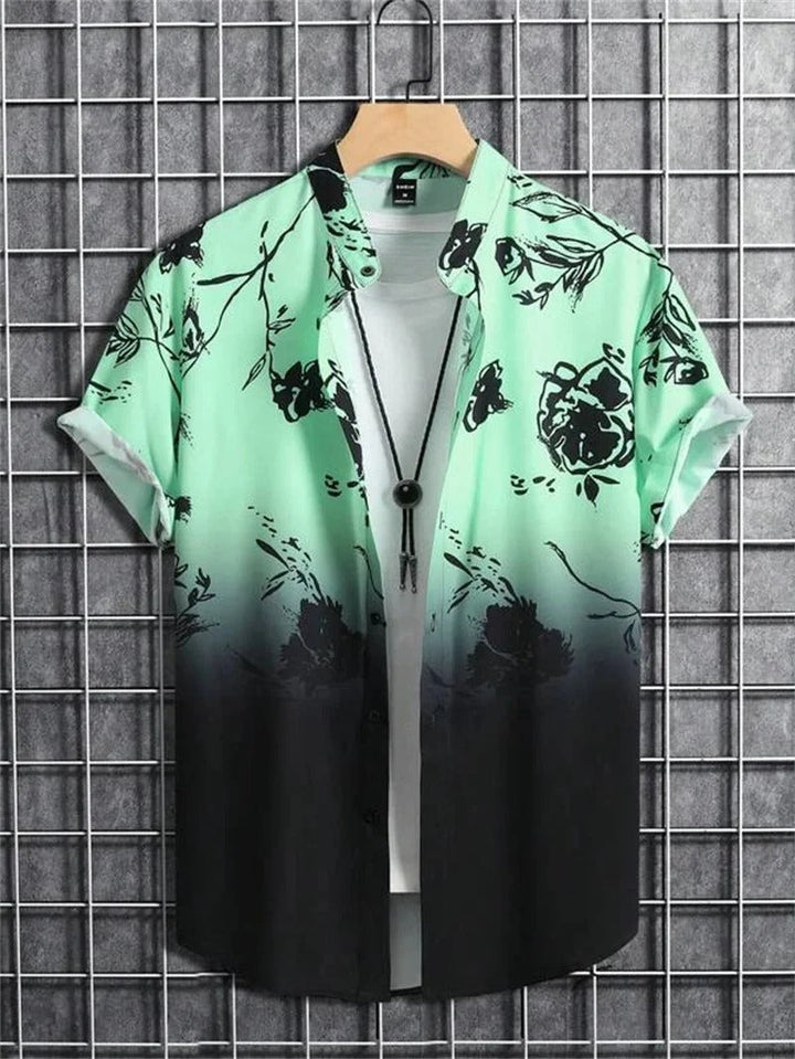 Back view of a relaxed fit men's floral patterned short-sleeve shirt, perfect for summer casual wear.