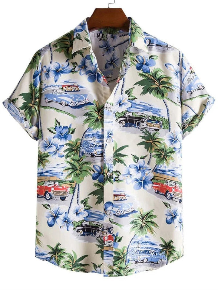 Stylish men's short-sleeve shirt featuring a vibrant floral print & classic camp collar for summer casual wear.