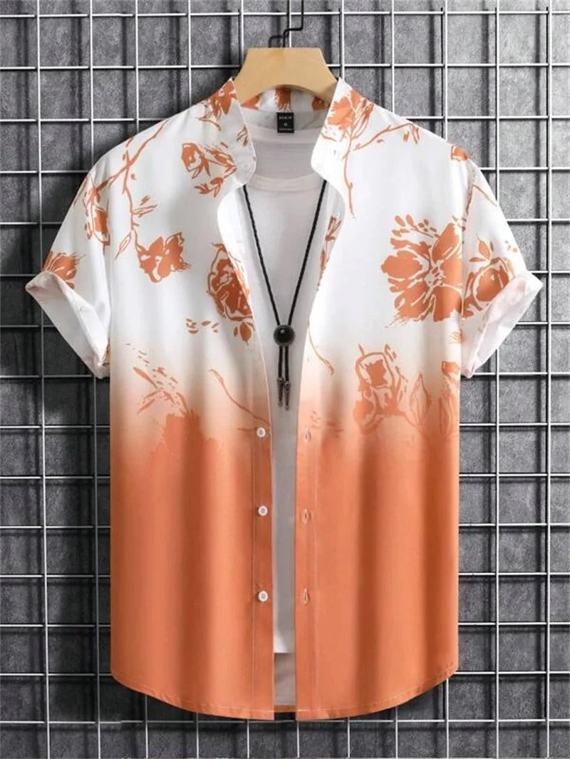 Relaxed fit men's collared short-sleeve shirt with a trendy floral pattern, ideal for stylish summer outfits.