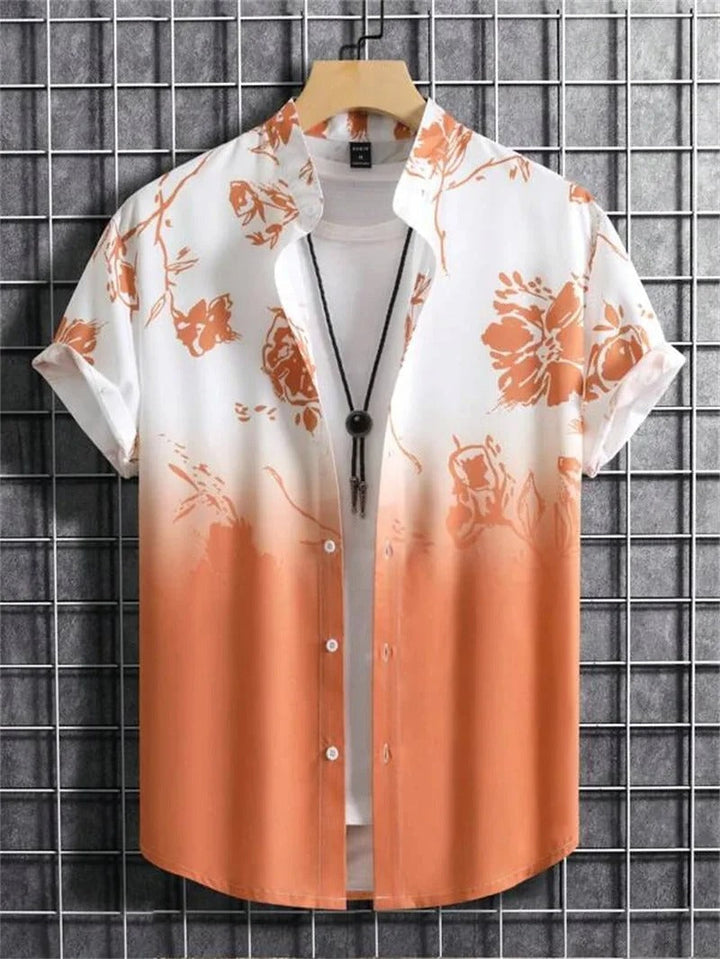 Relaxed fit men's collared short-sleeve shirt with a trendy floral pattern, ideal for stylish summer outfits.