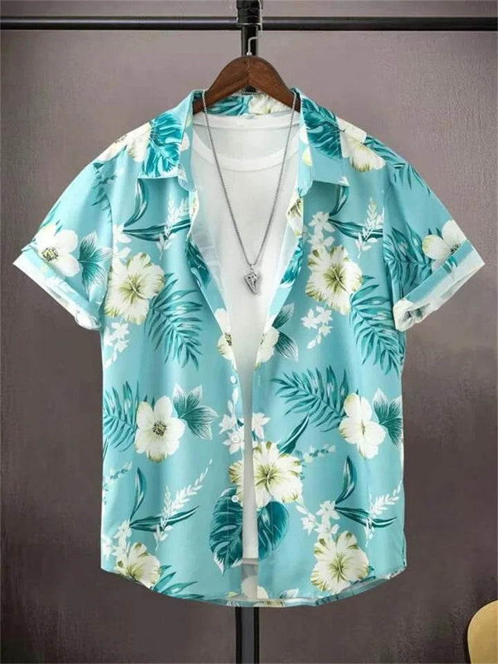 Men's floral collared short-sleeve shirt, designed for a comfortable and stylish summer casual look.