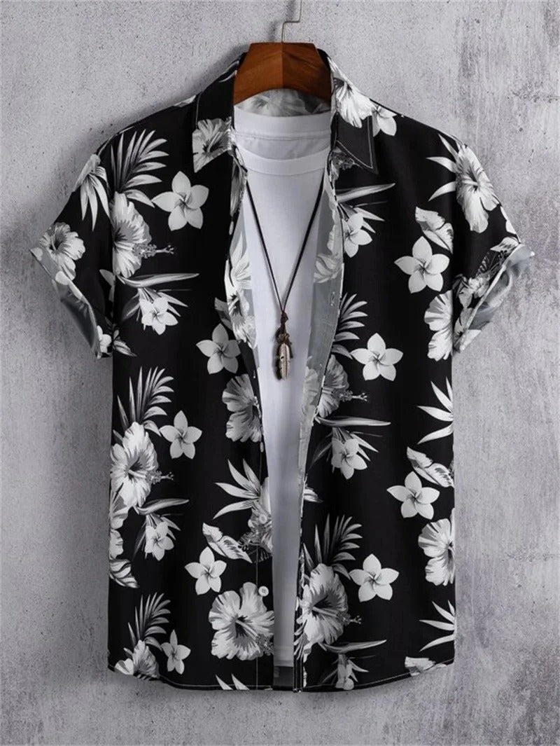 Lorenzo men's camp collar short-sleeve shirt with a vibrant floral pattern, ideal for summer style.