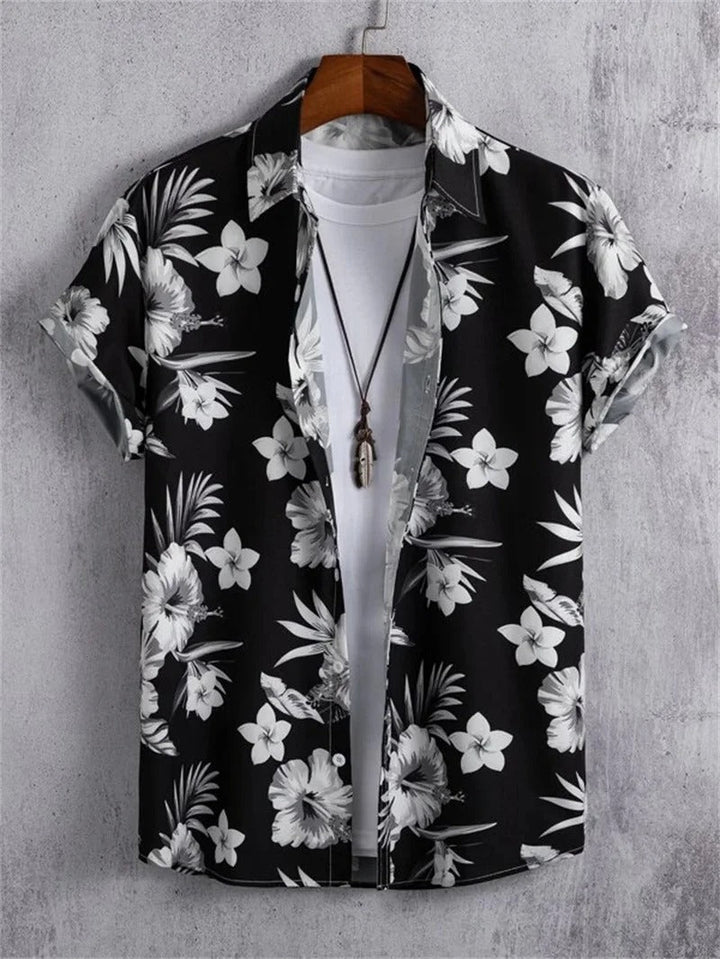 Lorenzo men's camp collar short-sleeve shirt with a vibrant floral pattern, ideal for summer style.