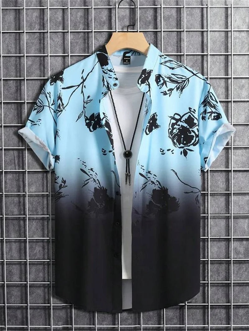 Front view of a men's stylish floral short-sleeve collared shirt, featuring a vibrant summer pattern.