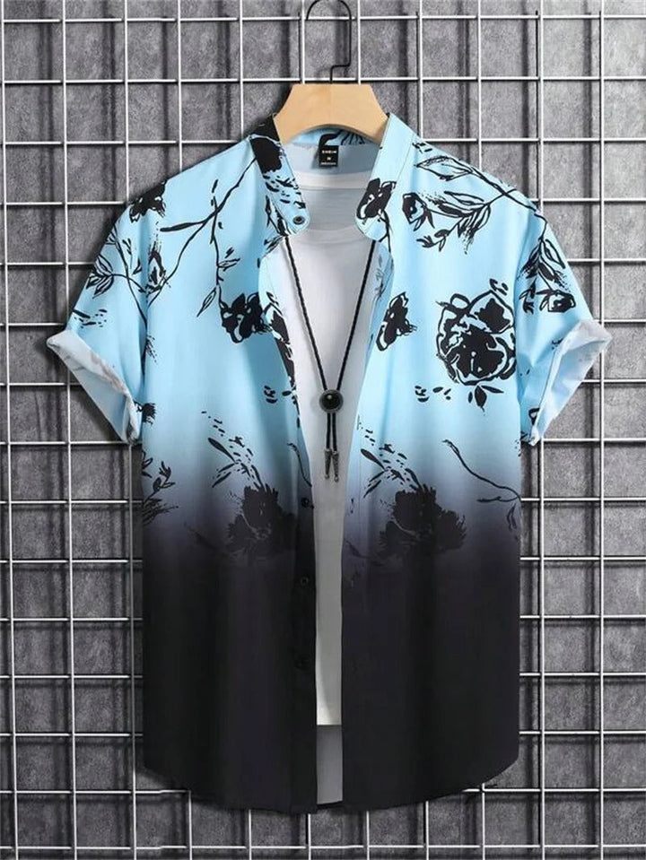 Front view of a men's stylish floral short-sleeve collared shirt, featuring a vibrant summer pattern.