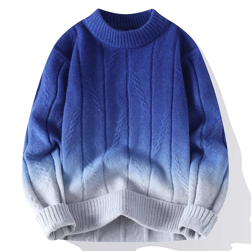 Men's stylish gradient knit pullover sweater, perfect for winter fashion. Ombre long sleeve top for casual wear.