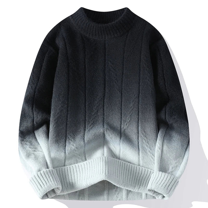 Close-up of a men's stylish gradient knit pullover sweater, showcasing the ombre long sleeve design.