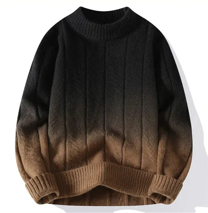 Men's stylish gradient pullover sweater paired with casual wear. A fashionable ombre long sleeve top.