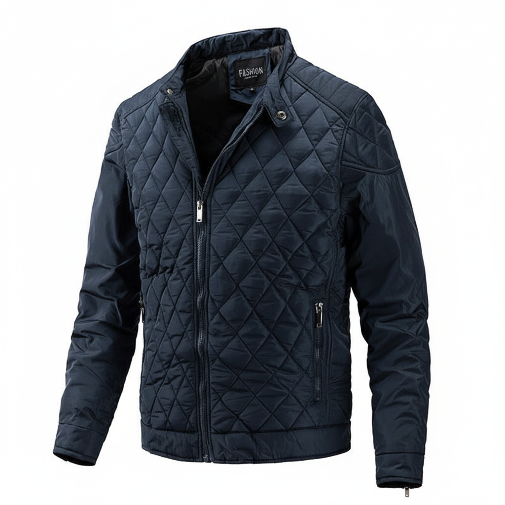 Close-up of a men's diamond pattern autumn jacket fabric, showing texture and quality, men's fashion