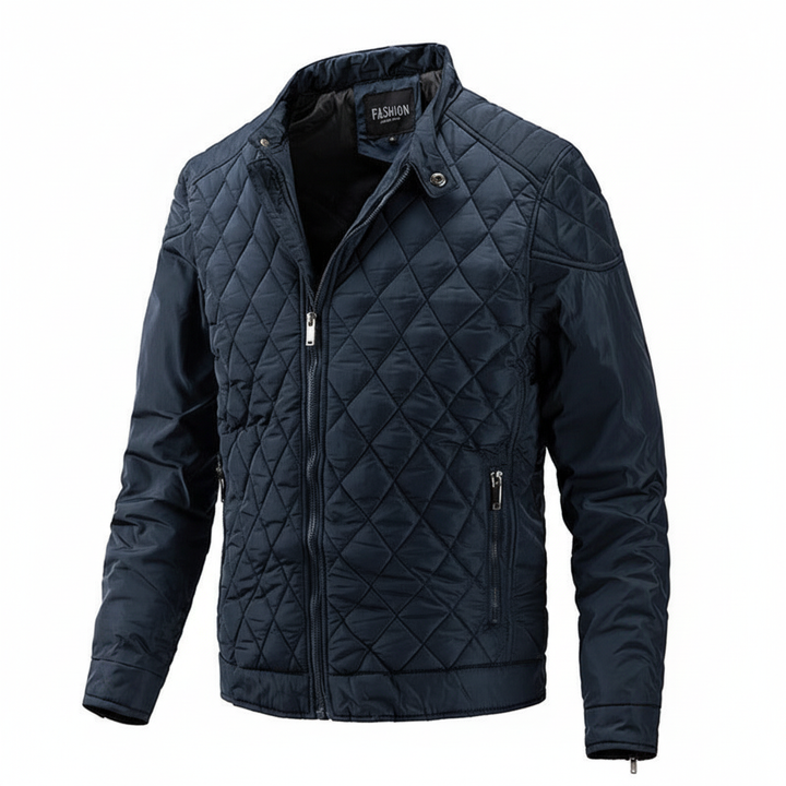 Close-up of a men's diamond pattern autumn jacket fabric, showing texture and quality, men's fashion