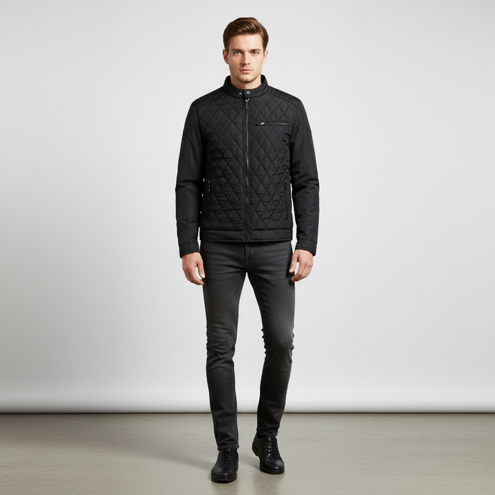 Front view of a men's versatile diamond pattern bomber jacket in polyester cotton blend, fall fashion