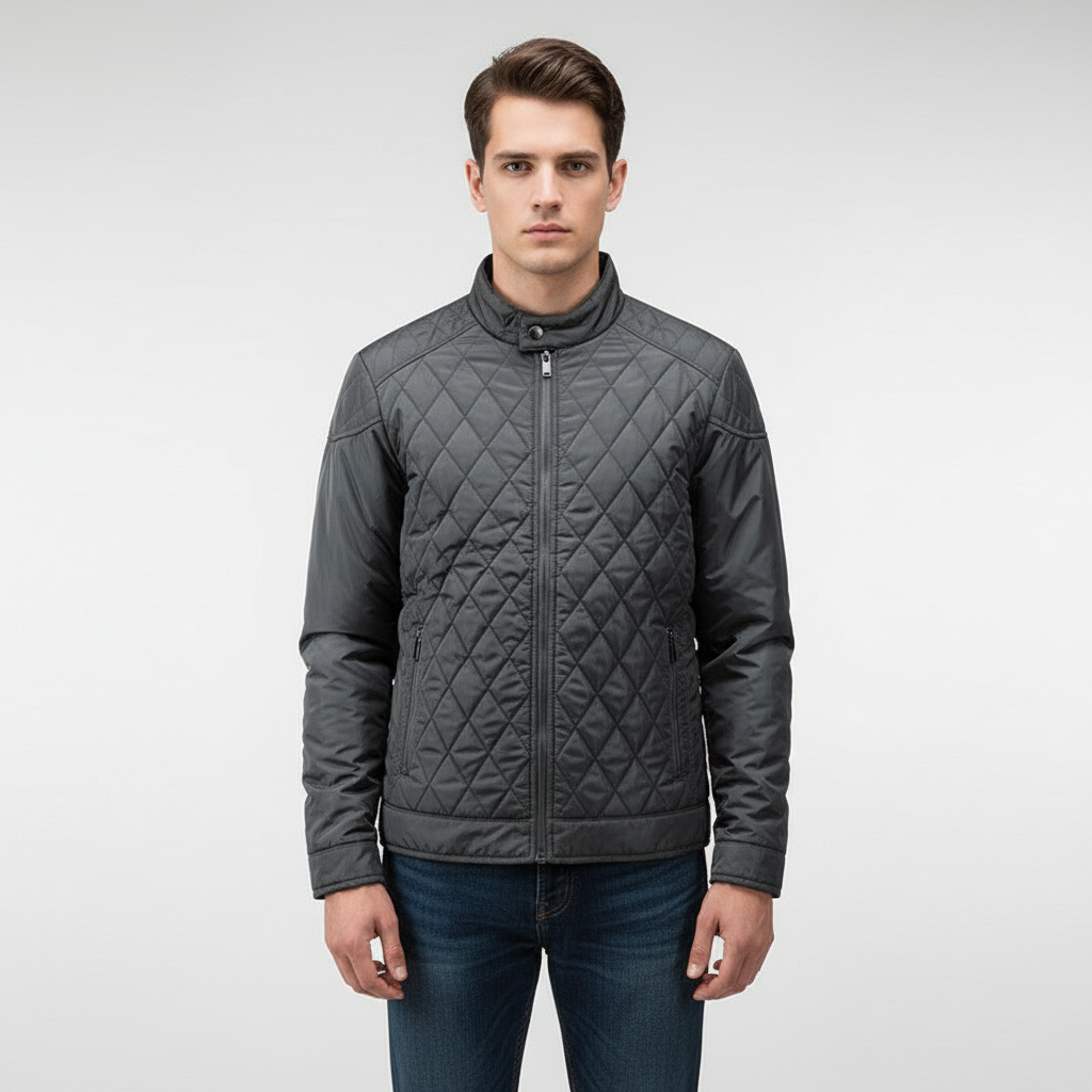 Side profile of a men's lightweight autumn jacket, Hubert, showcasing the elegant diamond design