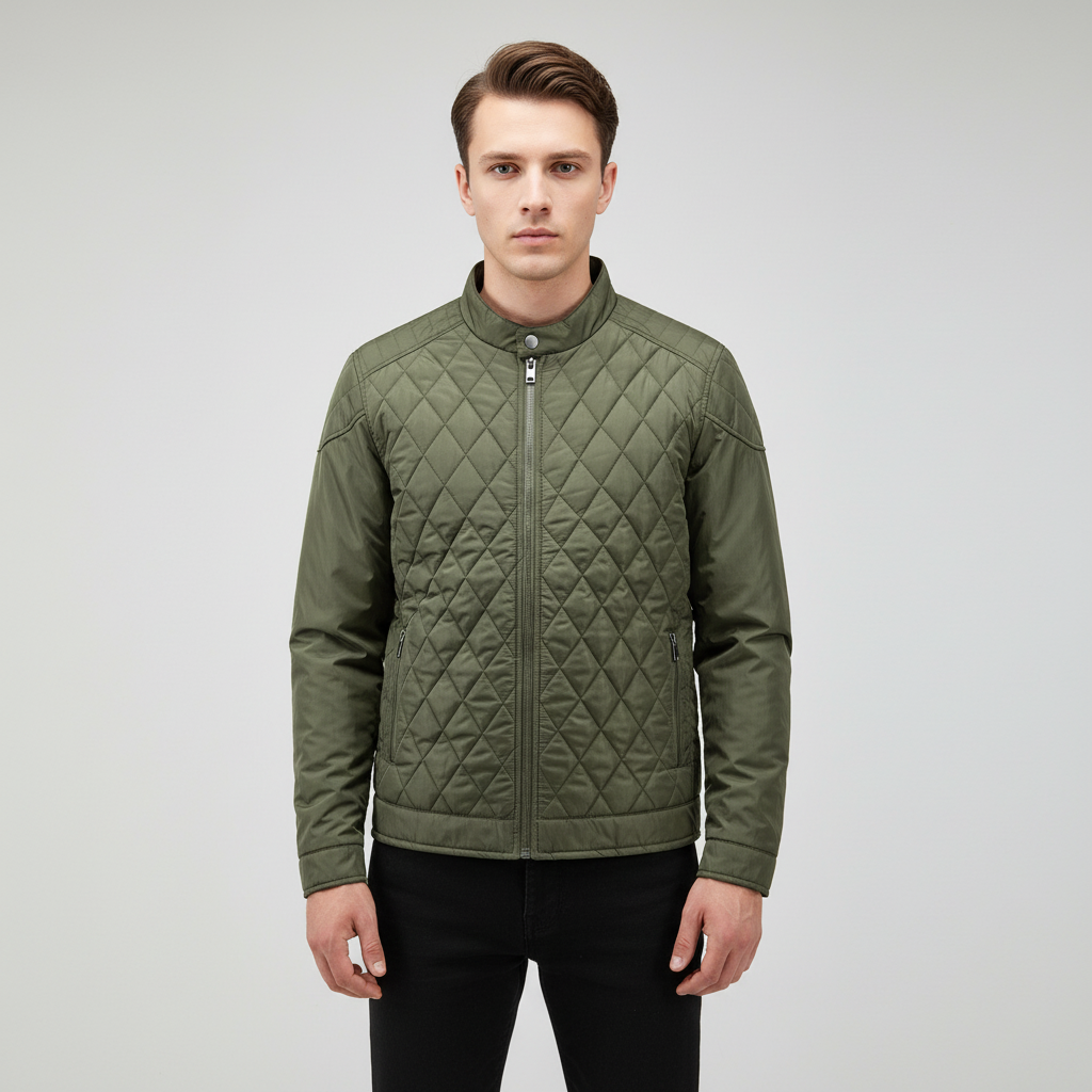 Men's casual diamond pattern autumn jacket with ribbed cuffs and hem, comfortable outerwear option