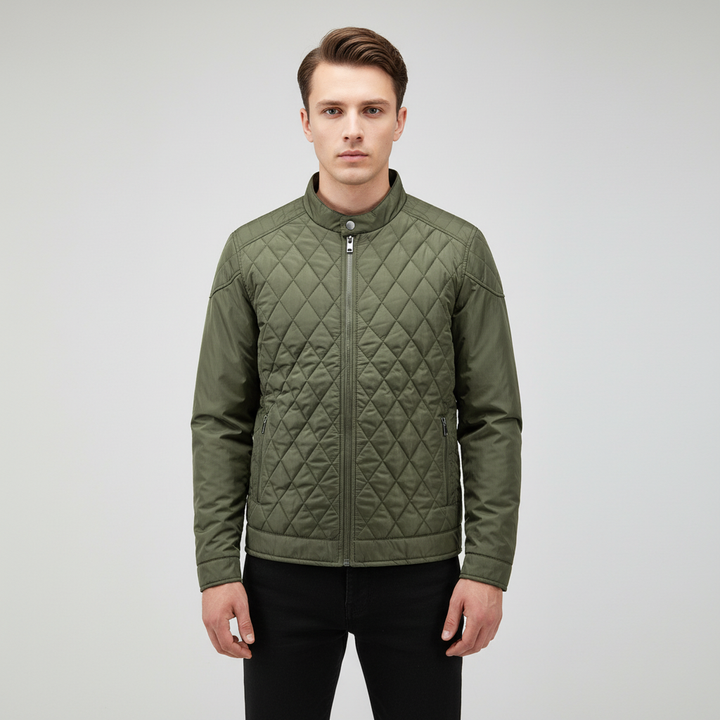 Men's casual diamond pattern autumn jacket with ribbed cuffs and hem, comfortable outerwear option