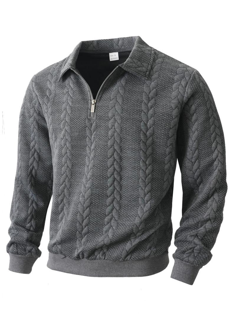 Men's stylish grey half-zip pullover sweater, perfect for casual or smart casual layering.