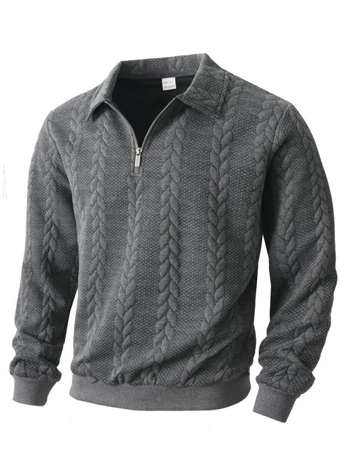 Men's stylish grey half-zip pullover sweater, perfect for casual or smart casual layering.