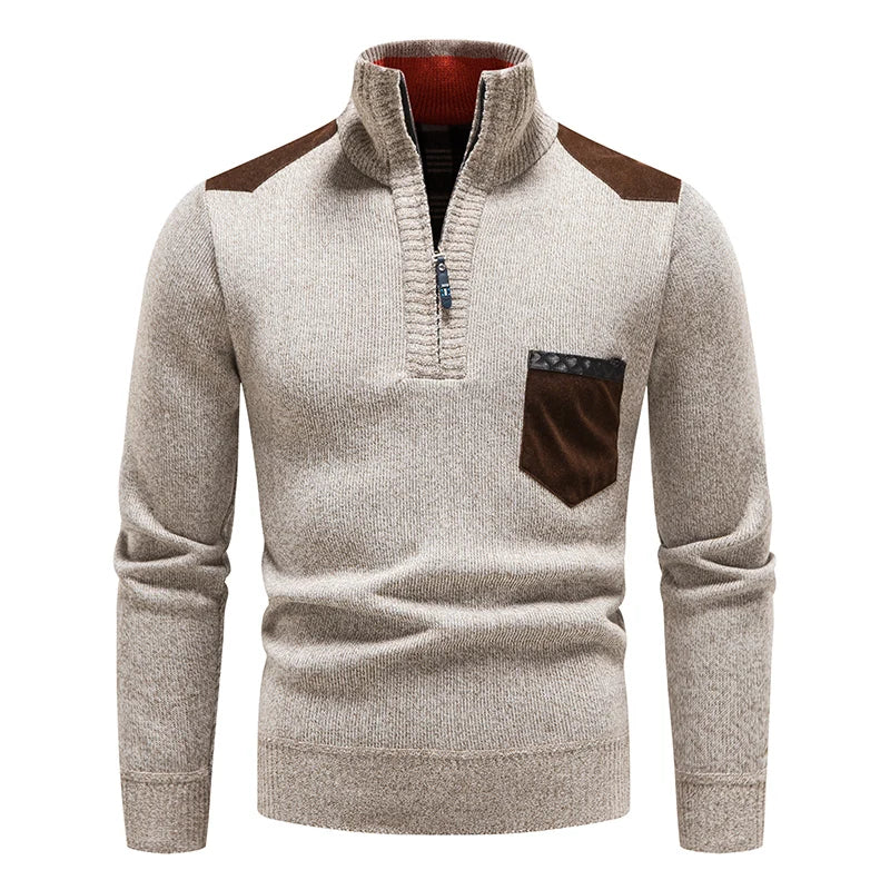 Comfortable men's half-zip pullover sweater, long sleeve, casual autumn wear with contrast details.